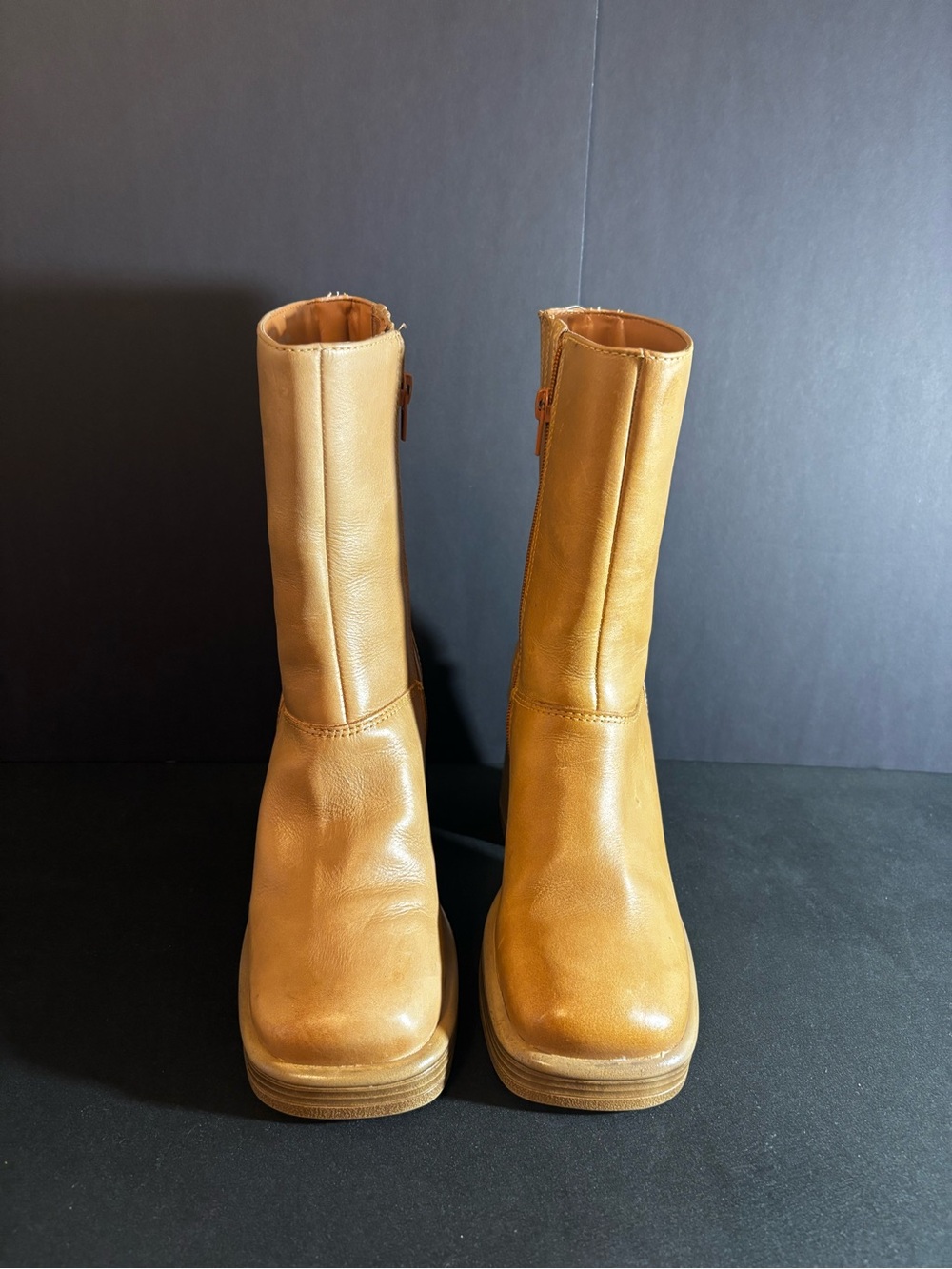 Steve Madden Fantsie Camel/Tan Mid-Calf Leather Zip Heeled Boots
